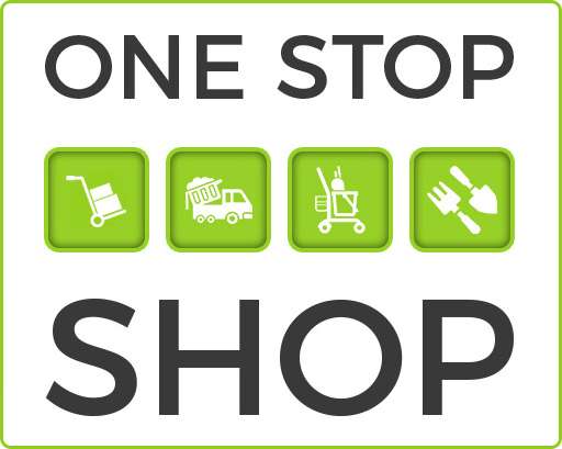Image of the moving services company’s one stop shop badge which includes four clip art illustrations to represent the four services they provide: house and office removals in Cambridge, waste removals in Cambridge, end of tenancy cleaning in Cambridge and garden clearance in Cambridge.