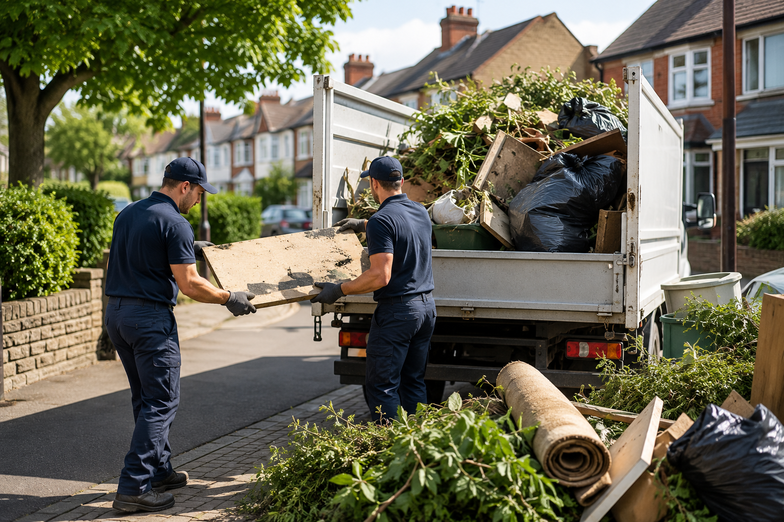 Local waste removal team collecting household and garden waste in Huntingdon