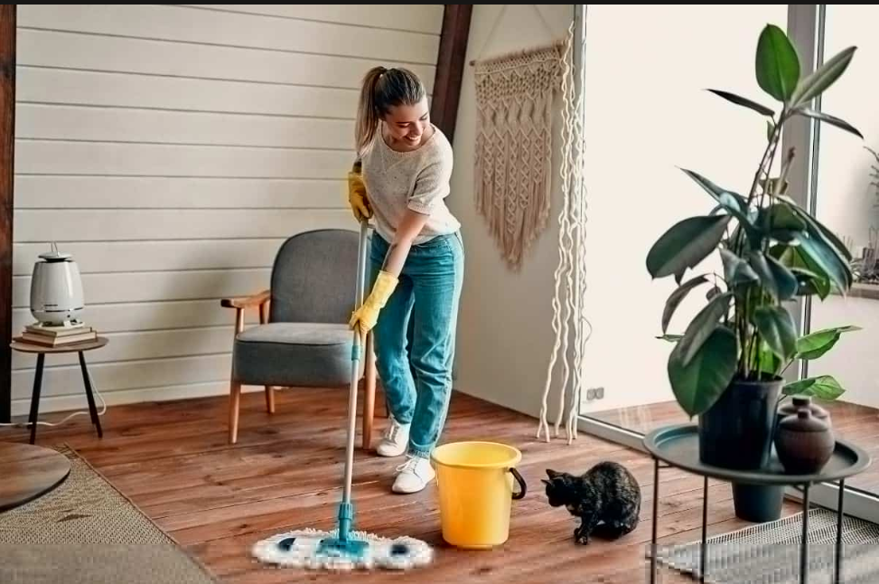 Woman deep cleaning a wooden floor with a mop in a bright living room during a professional house deep cleaning session.