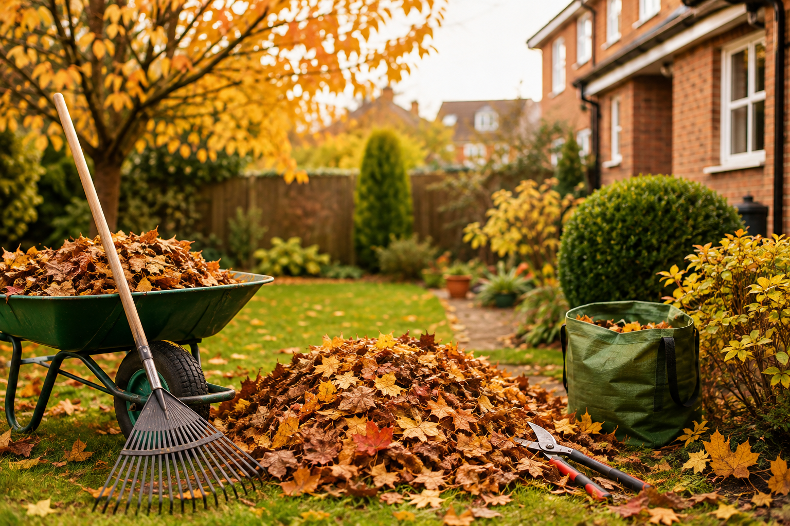 Autumn Garden Clearance Tips for Huntingdon Homeowners 1 Autumn garden clearance in a Huntingdon residential garden with fallen leaves, a wheelbarrow, rake, garden waste bag, and pruning shears in a tidy backyard
