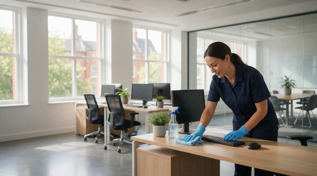 Professional office cleaner wiping a computer keyboard and desk in a Cambridge office